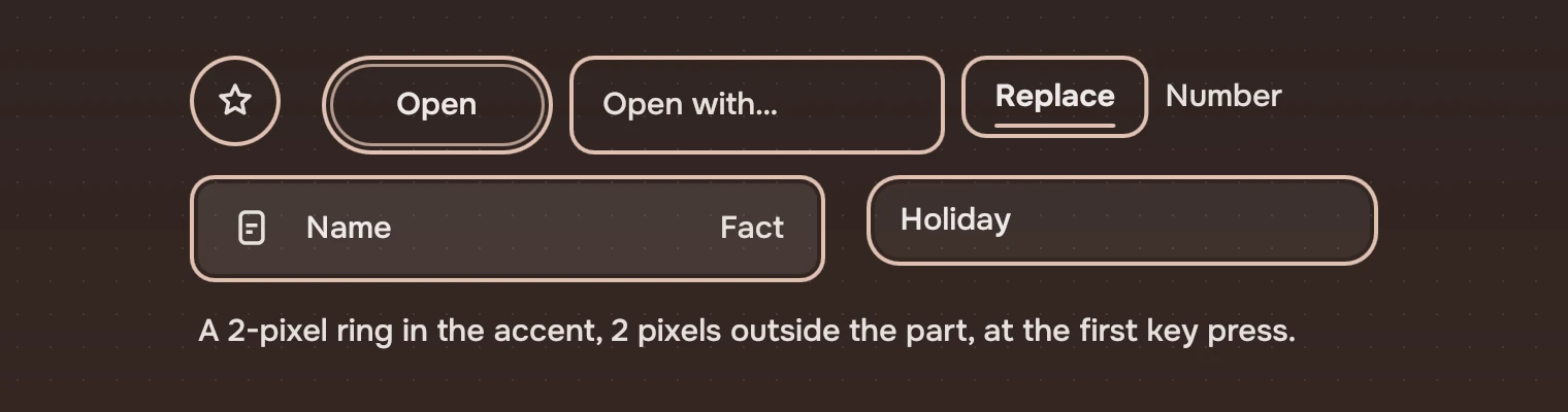 The keyboard ring on an icon button, a Slab, an action, the Tabs, a selected row and a field.