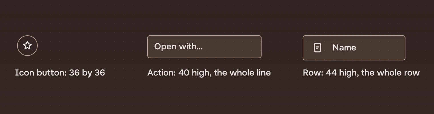 Three parts with their targets outlined: an icon button 36 by 36, an action 40 high and its whole line, and a row 44 high across its width.