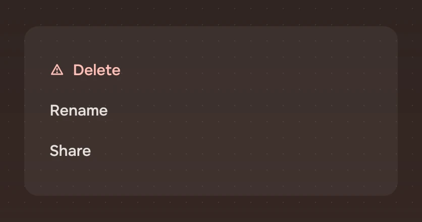 A panel with Delete first, then Rename and Share.