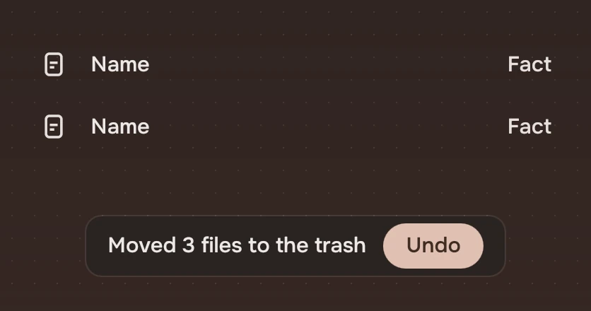 Two rows of a list with a notice below them: Moved 3 files to the trash, with an Undo button.