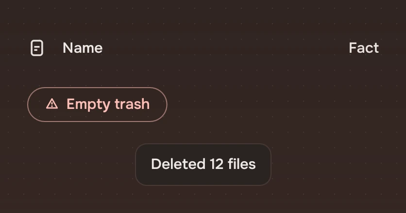 A list with a risk Slab, Empty trash, and a notice, Deleted 12 files, with no way back.