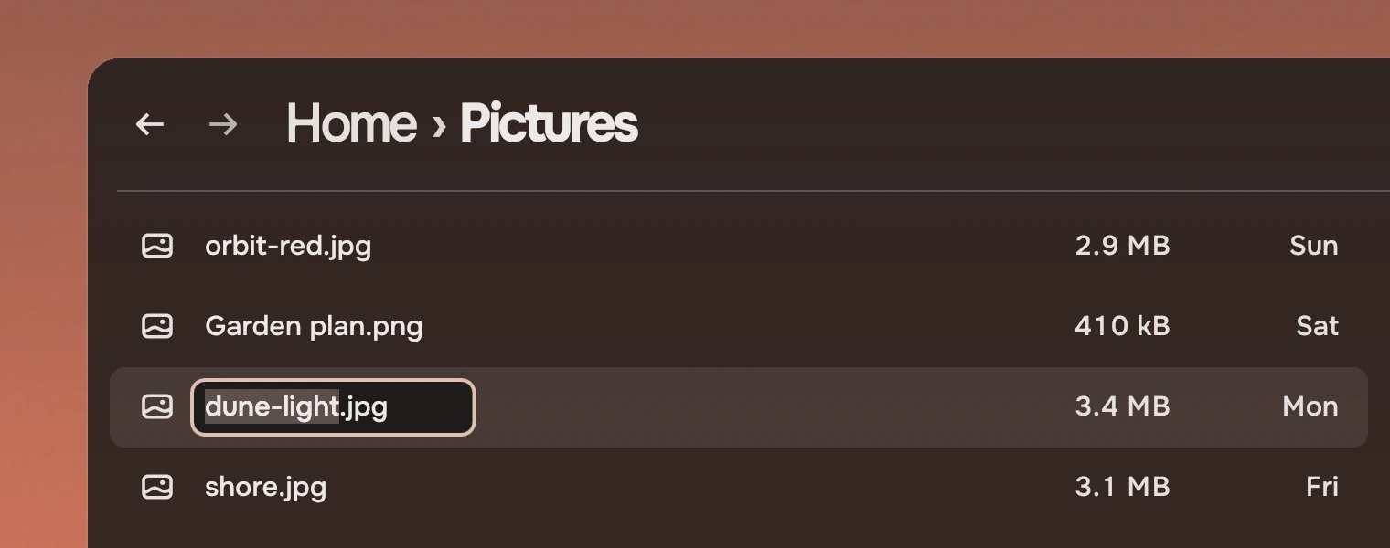 A Files window headed Home, Pictures, with four pictures. In the third row the name dune-light is chosen and .jpg is not, inside a box with an accent ring.