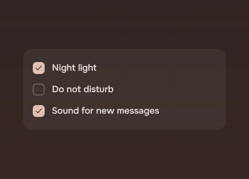 A panel with three checks named Night light, Do not disturb and Sound for new messages, two of them ticked, and no button.