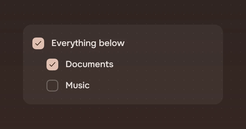A parent check, Everything below, ticked, over Documents ticked and Music not ticked.