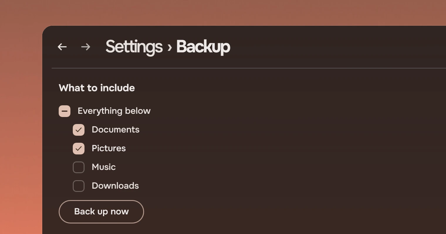 Part of a Settings window titled Backup with the heading What to include and five checks: Everything below partly ticked, and under it Documents and Pictures ticked, with Pictures under the pointer, then Music and Downloads not ticked, and a forward Slab, Back up now, below.