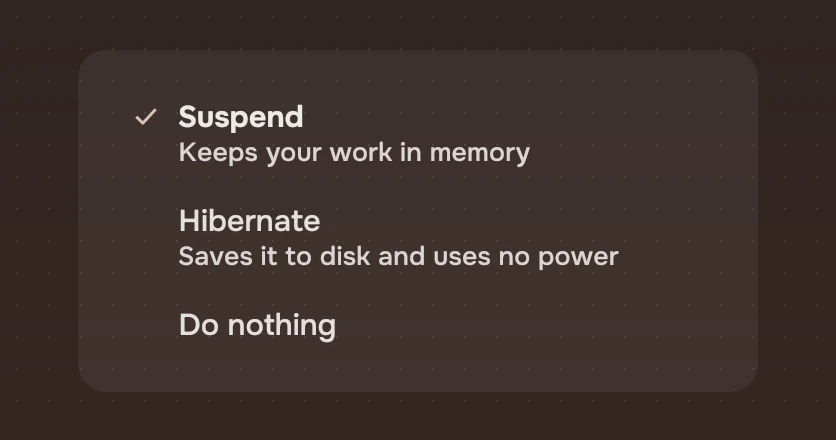 A set of three choices: Suspend ticked, Hibernate and Do nothing.