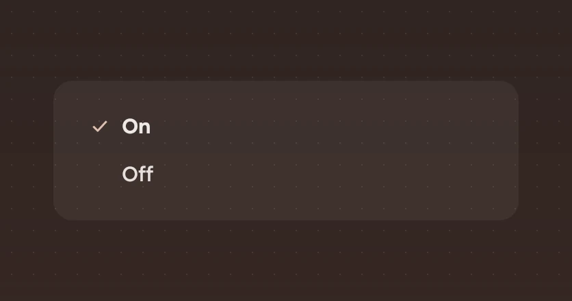 A set of two choices, On ticked and Off.