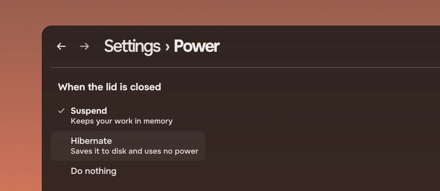 Part of a Settings window titled Power with the heading When the lid is closed and three choices: Suspend ticked with the line Keeps your work in memory, Hibernate under the pointer with the line Saves it to disk and uses no power, and Do nothing.