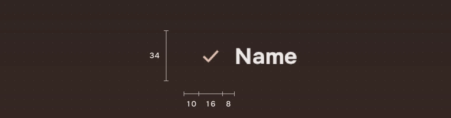 One choice, chosen, at 2.5 times its size, with its height of 34 measured, and under the chosen tick its distances: 10 from the edge, 16 across and 8 to the name.