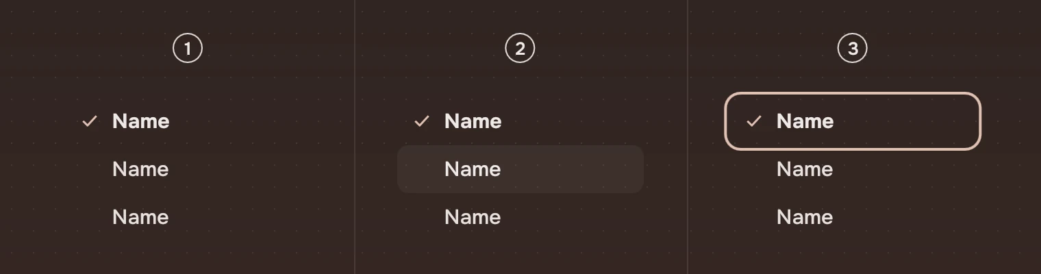 The same three choices in three columns: at rest, with the pointer over the second, and with the keyboard focus ring on the chosen line.