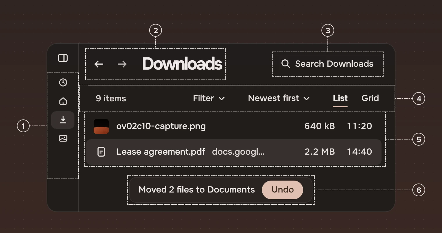 An app window made of kit parts, with six numbered callouts: the folded rail on the left, the page header with the title Downloads, the search field, the view bar with Filter, the order and the views, two rows of the list, and the notice Moved 2 files to Documents with Undo at the foot, whose callout is on the right.