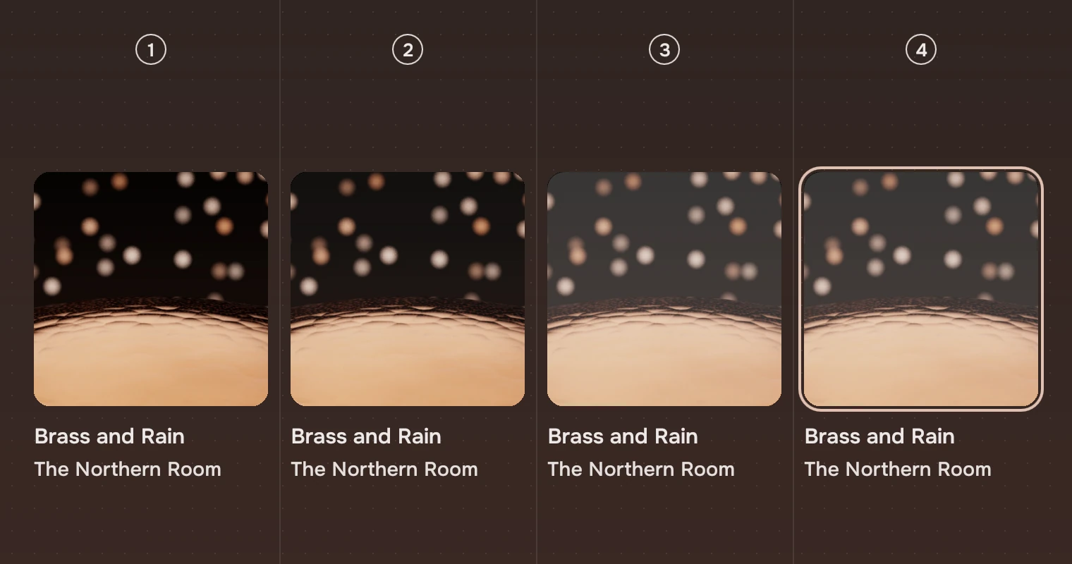 The same cover four times, numbered: at rest, under the pointer, selected, and selected with the keyboard focus ring.