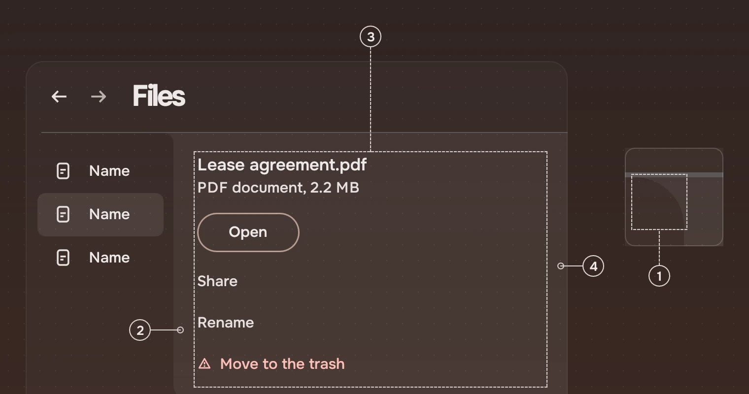 A window's header and list with the docked panel at its right: numbered callouts on the panel's body, its content and the window's right edge, and on the right the cove under the header's line enlarged five times, with the panel's lift against the window.