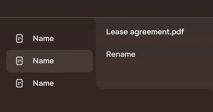 A list with a panel hung from the header's line into the window's right edge, holding a file's name and Rename.
