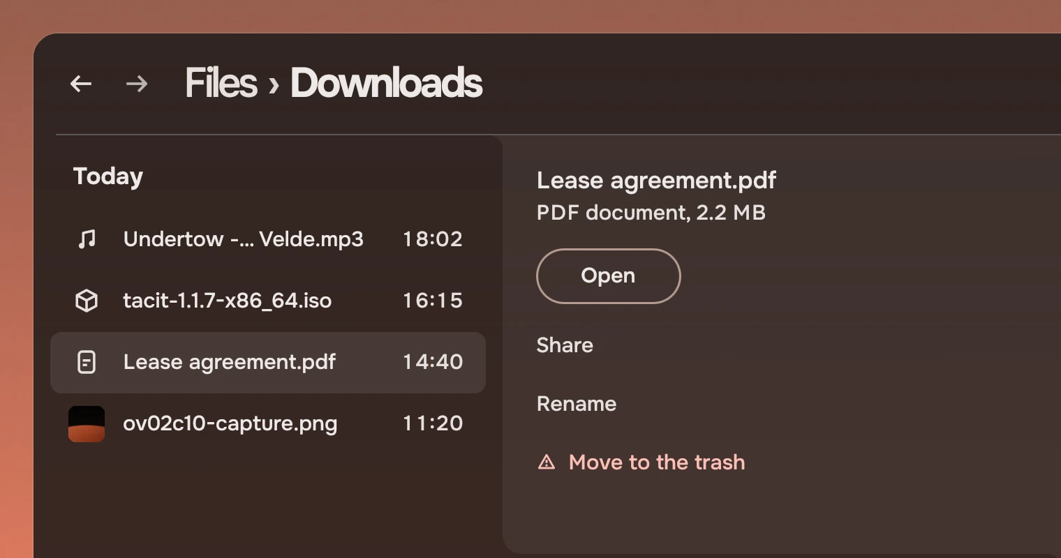 Part of a Files window with a list of downloads, Lease agreement.pdf selected, and to its right a docked panel with the file's name, PDF document, 2.2 MB, a forward Slab Open, the actions Share and Rename and, last, Move to the trash with the warning symbol.