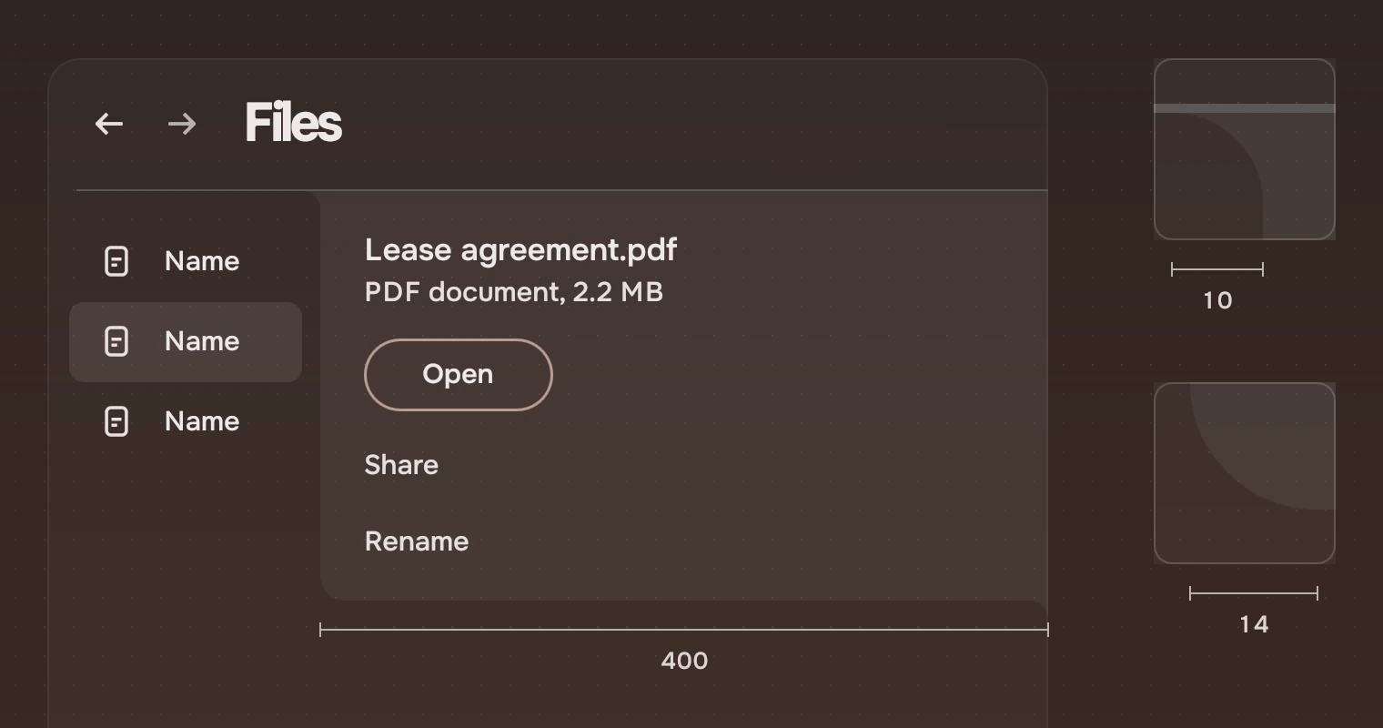 The top of a Files window with the docked panel hung from the header's line: its width 400 measured below it; beside it, its cove, 10, and its free corner, 14, each enlarged five times.