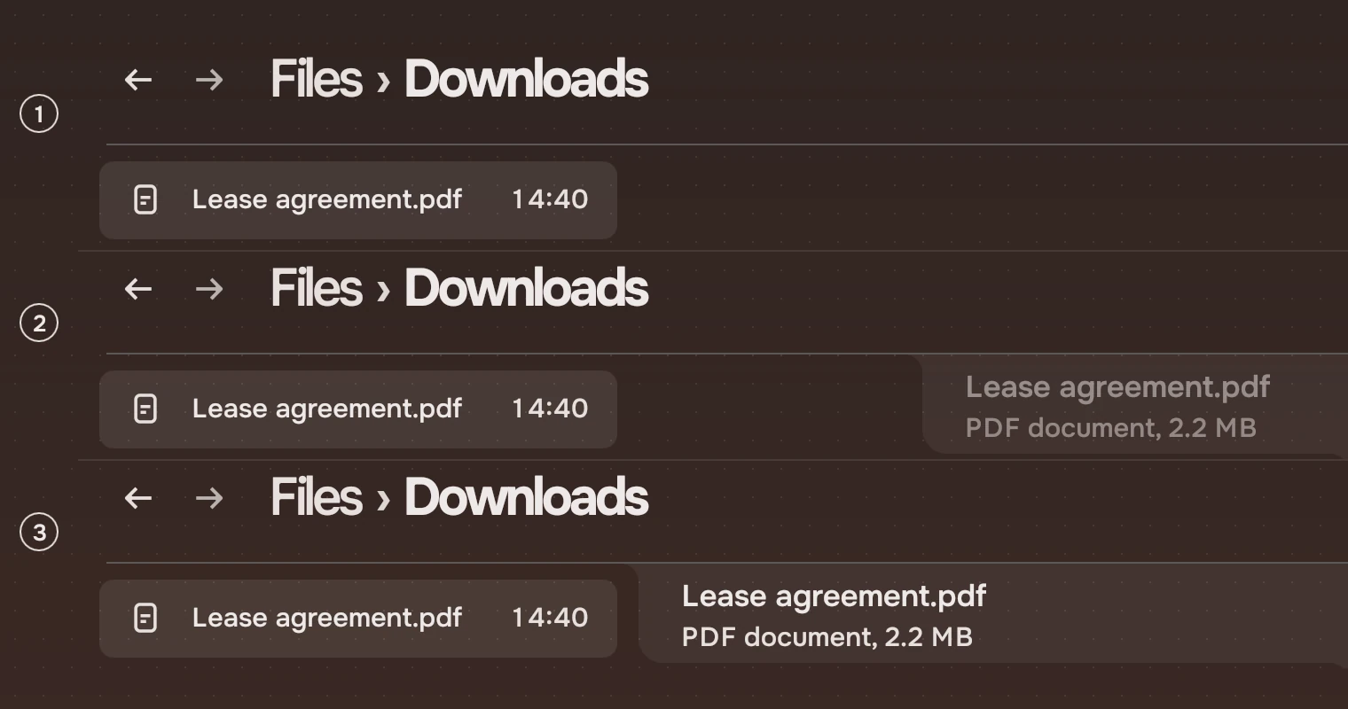 The top of a Files window three times: with no panel, with the panel half grown and its content fading in, and with the panel open.