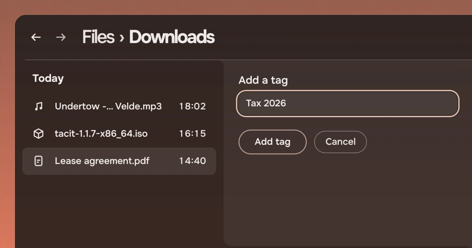 Part of a Files window with a docked panel headed Add a tag, holding a field with the text Tax 2026 and the keyboard ring, a forward Slab Add tag and a quiet Slab Cancel.