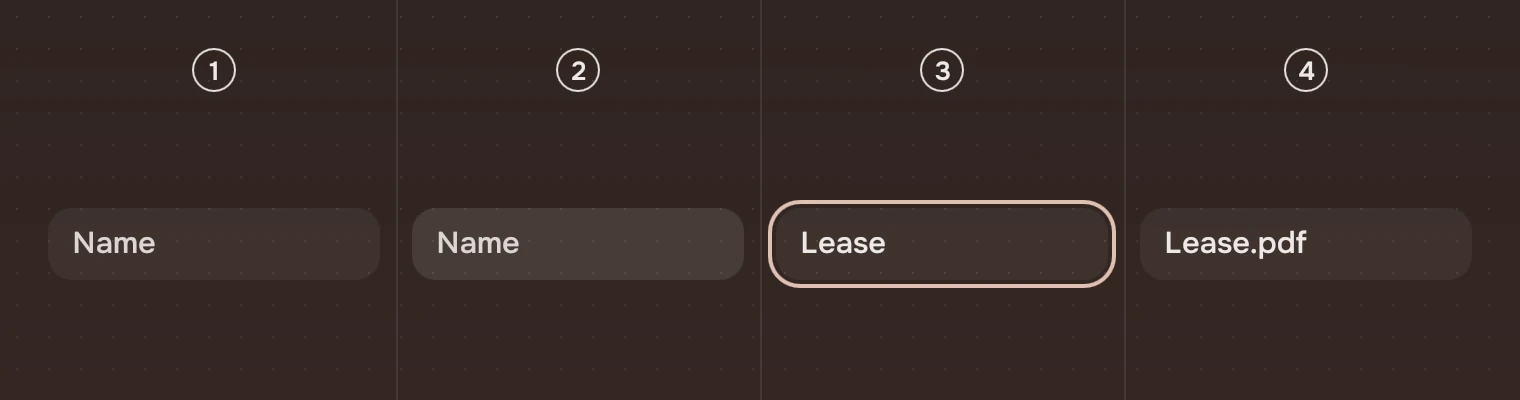 The same field in four columns: empty at rest with its hint, under the pointer, with the keyboard and the word Lease, and filled at rest.