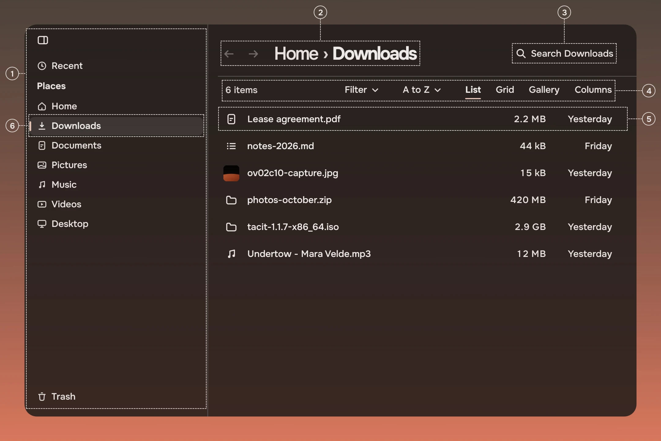 The Files window with numbered callouts on the rail, the page header, the search field, the view bar, a list row, and a rail row.