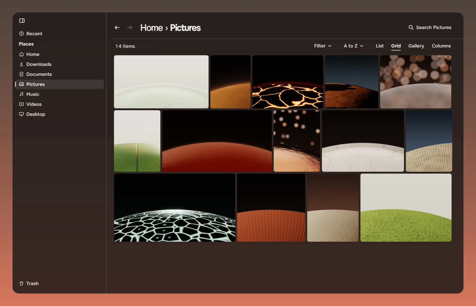 The window showing the Pictures folder: fourteen pictures in rows of different widths, with Pictures current in the rail.