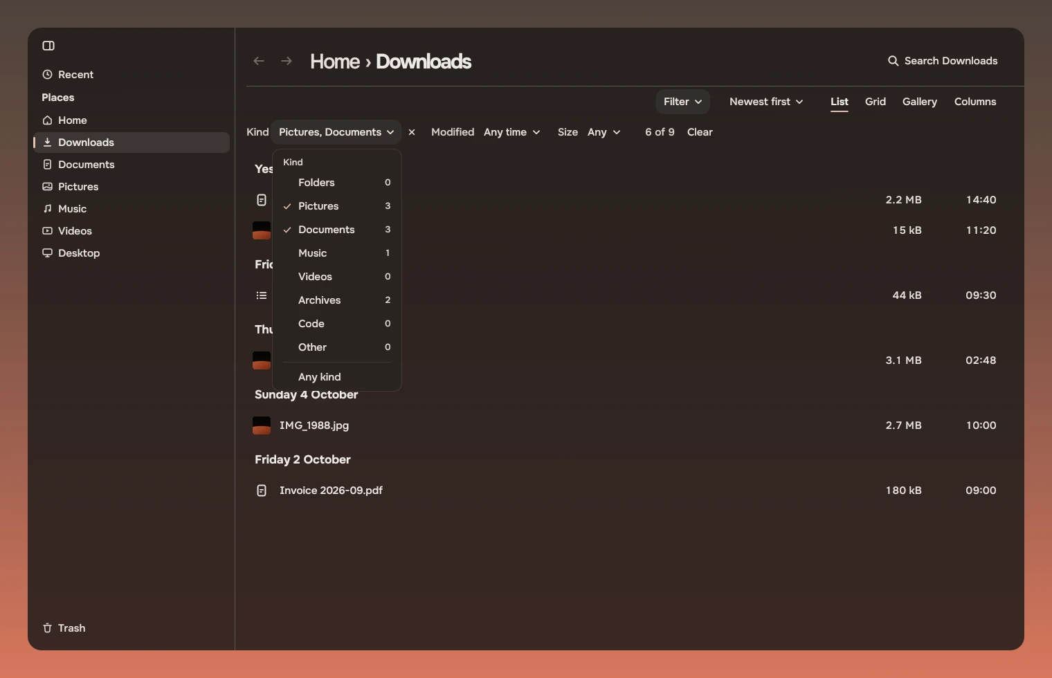 The same bar with the filter open: the fields Kind, Modified and Size in place of the count, and the Kind menu open with Folders, Pictures, Documents, Music, Videos, Archives, Code and Other, each with its count, Pictures and Documents ticked, and Any kind at the foot.