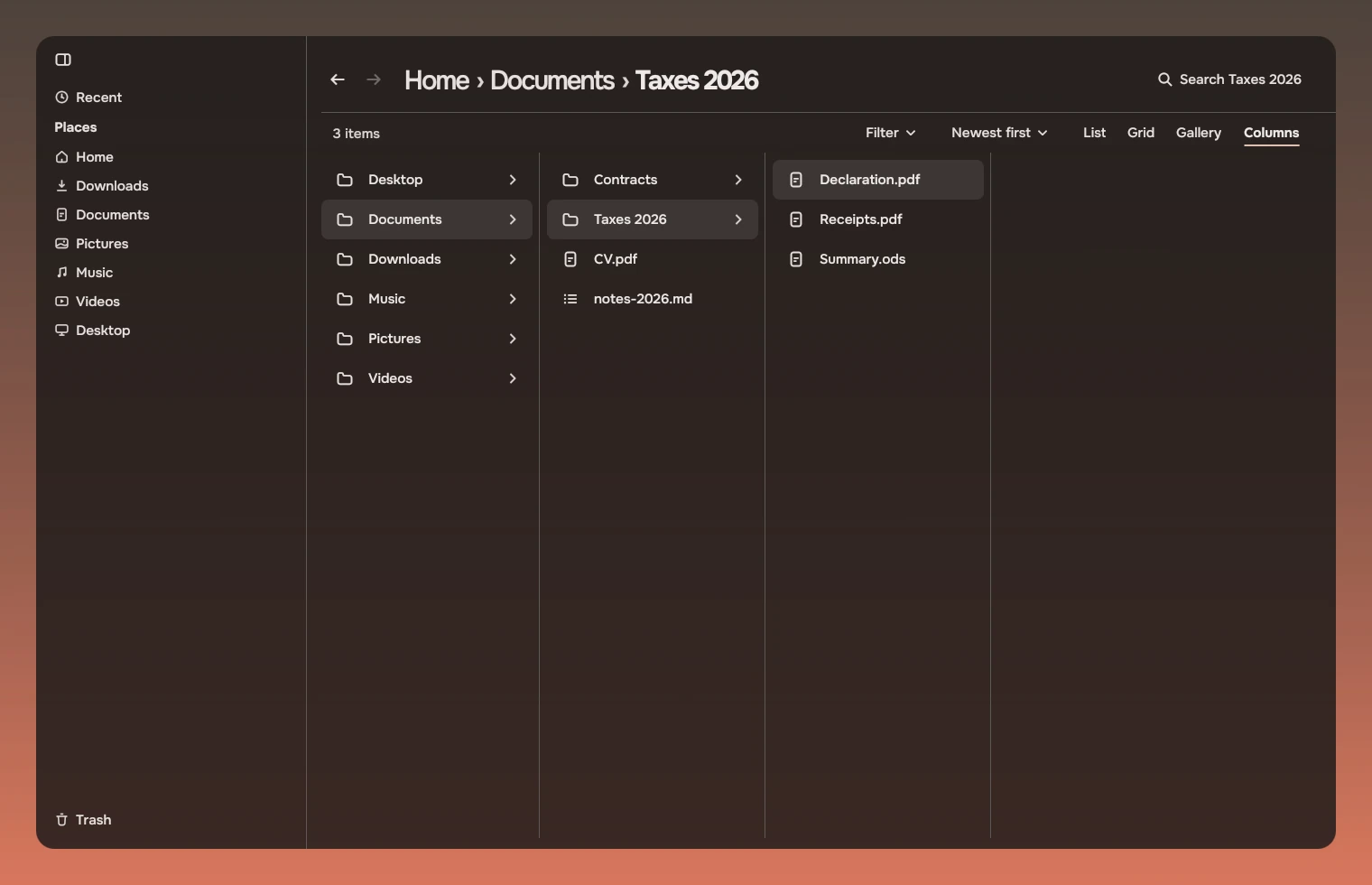 The Columns view of Home, Documents, Taxes 2026: three columns, from Desktop through Documents and Taxes 2026 to Declaration.pdf, the bar showing 3 items.