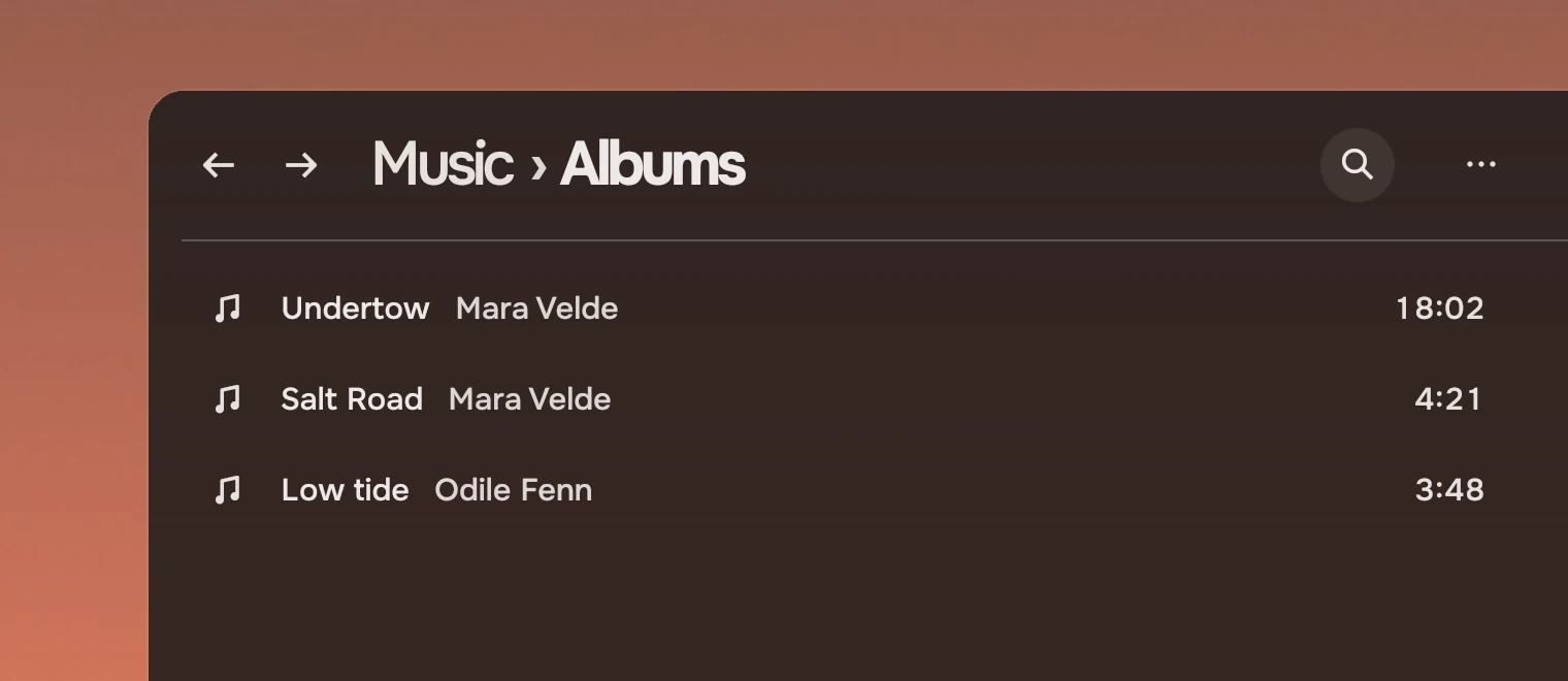 Part of a Music window whose header has the back and forward arrows, the title Music, Albums, and on the right a search button under the pointer and a more button, above a short list of songs.