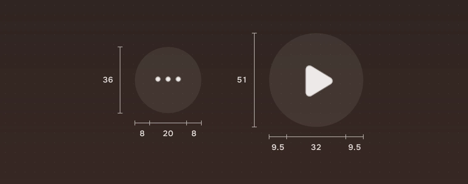 A 36-pixel button with a 20-pixel symbol and 8 pixels each side, and a 51-pixel button with a 32-pixel symbol and 9.5 pixels each side, both at 3 times their size.