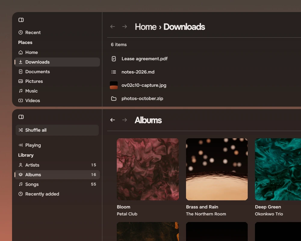 The Files and Music windows on the wallpaper, Files behind and Music in front, one cascading below the other: the same rail, page header and list of rows in both, and in Music a grid of album covers.