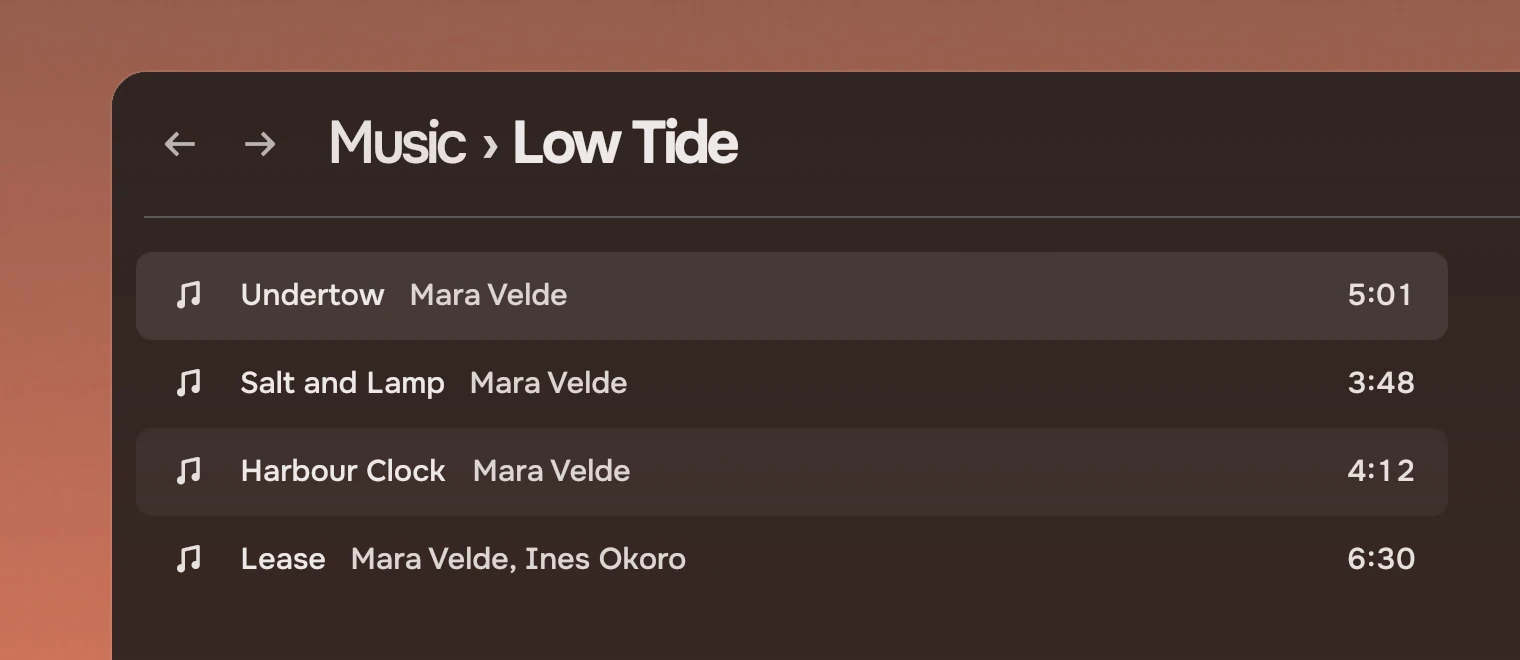 A window on the wallpaper with a page header reading Music, Low Tide, and four songs in a list, the first selected, the third under the pointer.