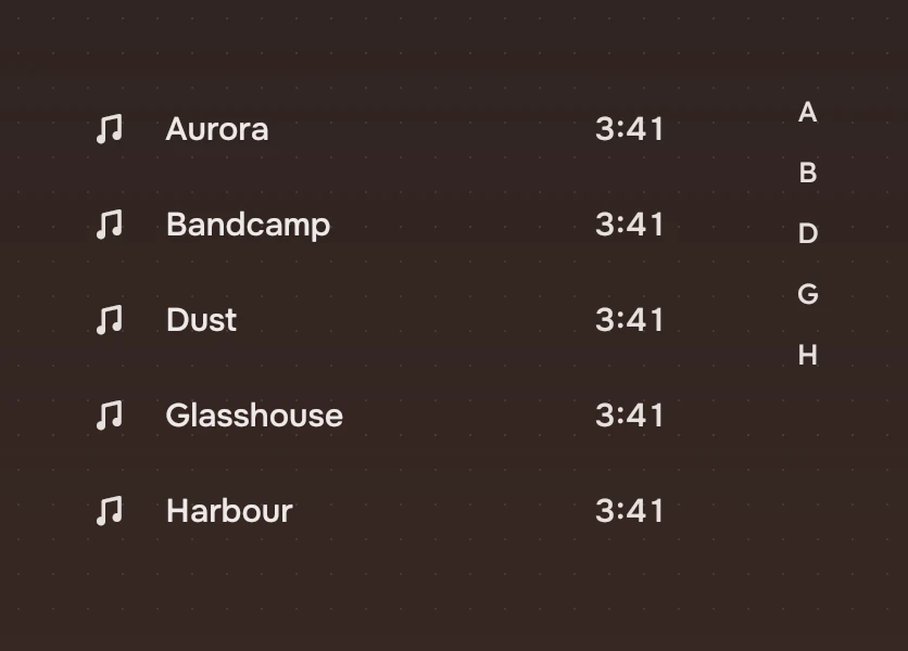 The same list with an index of only A, B, D, G and H.
