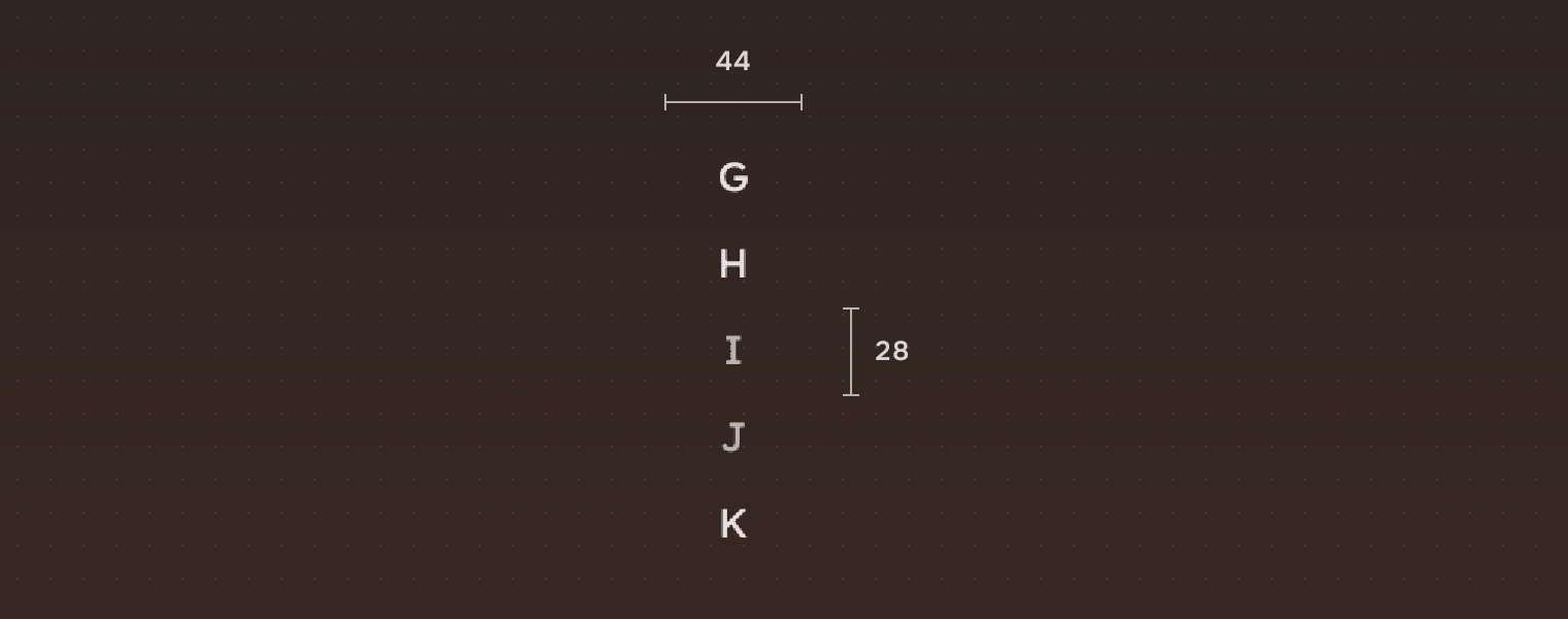 A jump index at one and a half times its size, five marks, 44 wide, with one step of 28 measured.