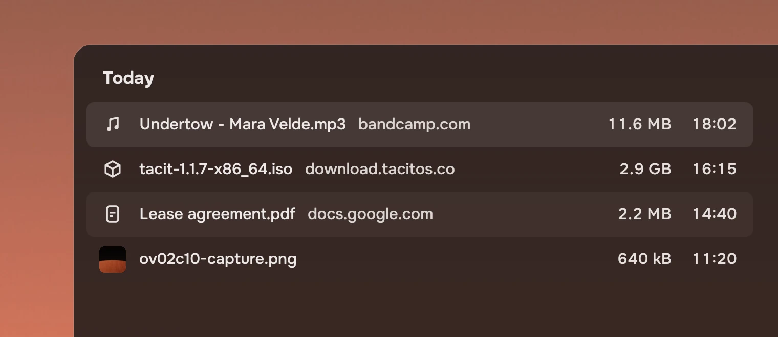 Part of a window with a list headed Today: a song, selected, a disc image, a document under the pointer and a picture, each with its size and time on the right.