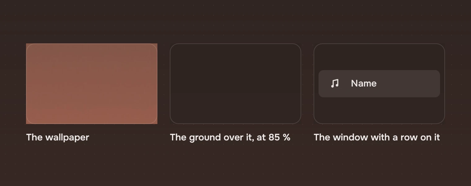 Three tiles: the wallpaper, the ground over it at 85 %, and the window with a selected row on it.