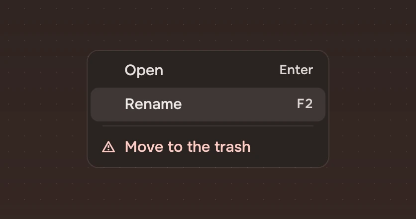 A menu with Open, Rename, a rule and the risk Move to the trash last.