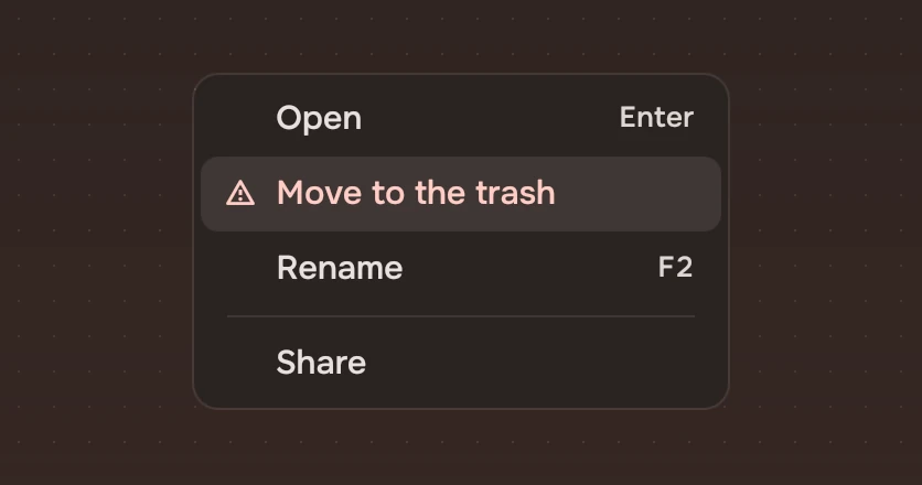 A menu with Move to the trash, a risk, between Open and Rename.