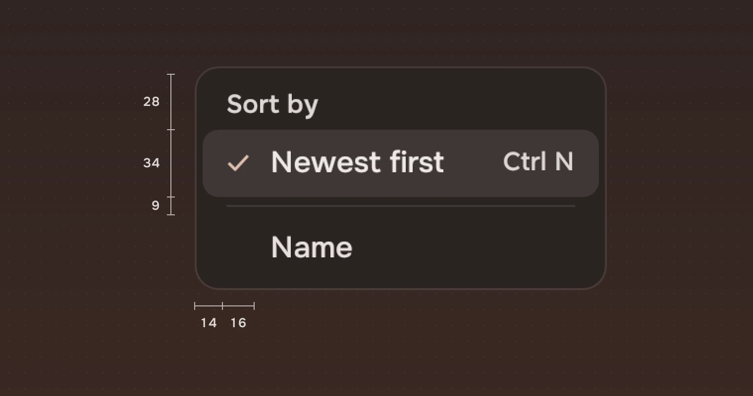 A menu at twice its size with its vertical spaces measured: 28 for the group name, 34 for a line and 9 for the rule, and its horizontal spaces: 14 from the edge to the tick and 16 for the tick.