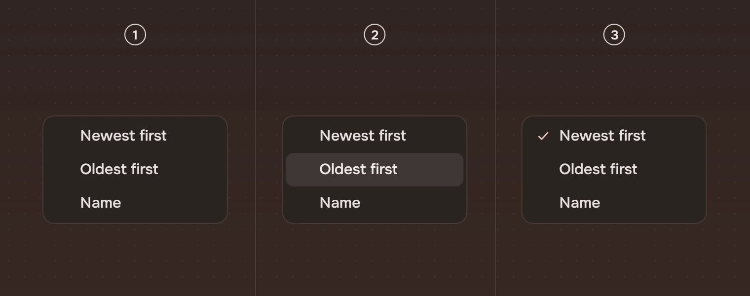 The same three lines in three menus: at rest, with one under the pointer or the keyboard, and with the first ticked.