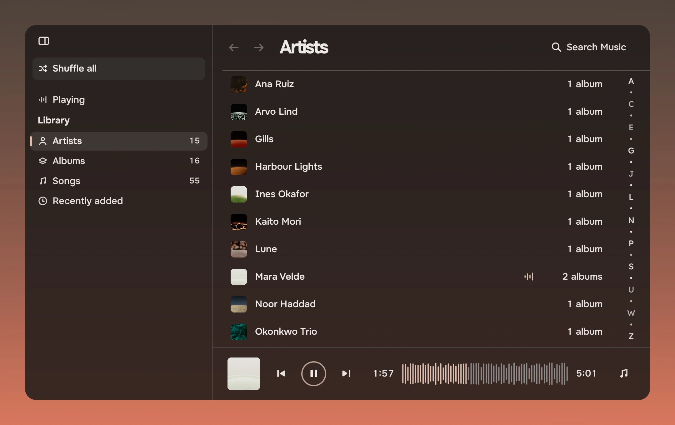 The Music window, 1000 wide, on the Artists page: rows for Ana Ruiz to Okonkwo Trio, each with a small cover and the count of albums, the playing mark on the row of Mara Velde, and down the right edge the jump index, folded to A, a dot, C, a dot, E and on to Z because the window is short.