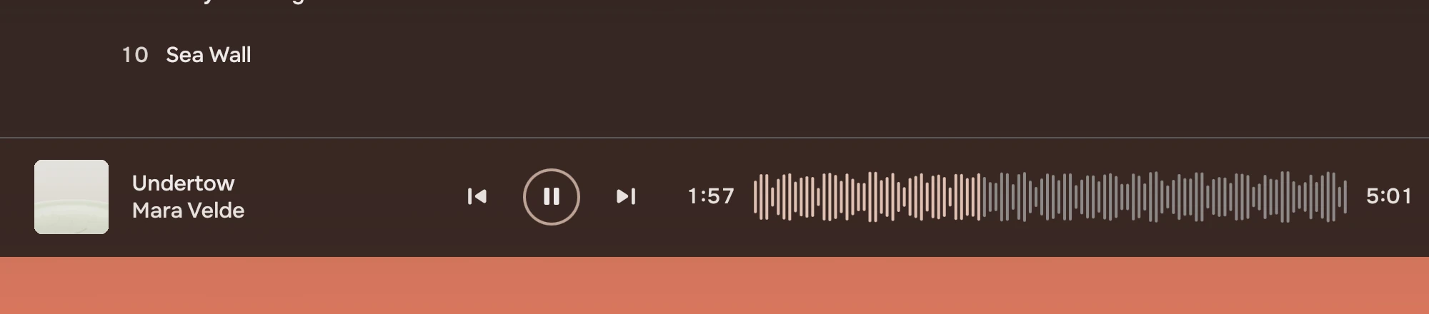 The player bar below a grid of covers: a small cover with Undertow and Mara Velde, previous, pause in a ring and next, the time 1:57, the waveform, the time 5:01, a Lyrics button and the volume slider.