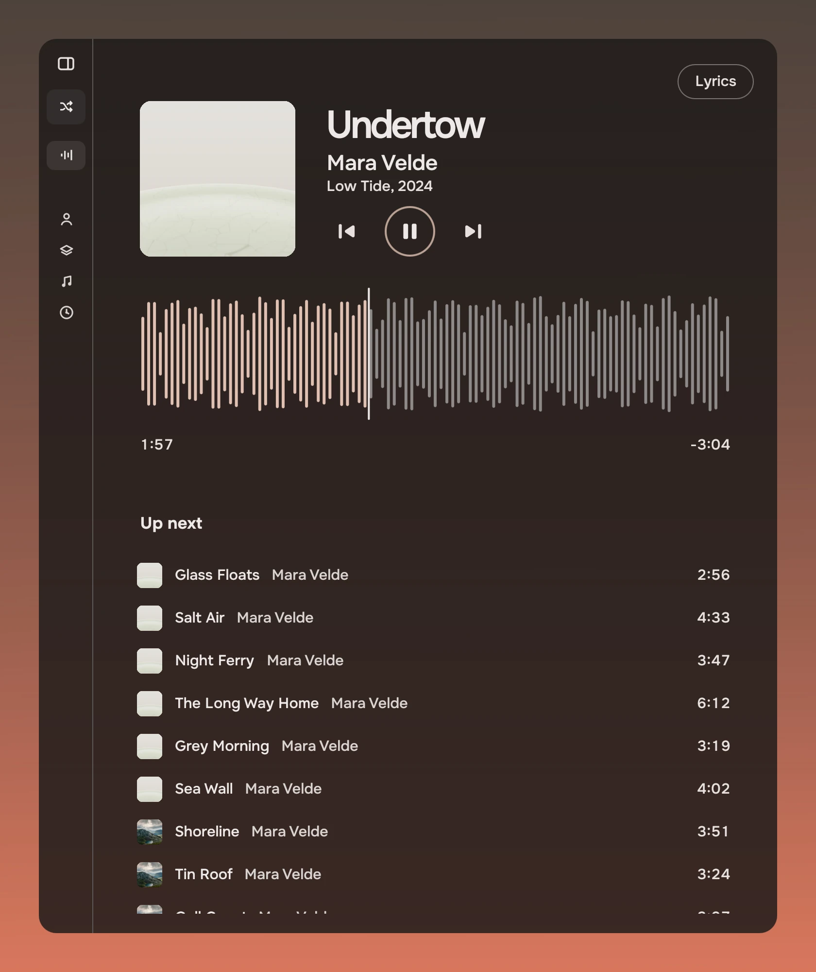 The Music window at half width: the rail folded to symbols, the cover, the song, the transport, the waveform across the page, and the Up next list below.