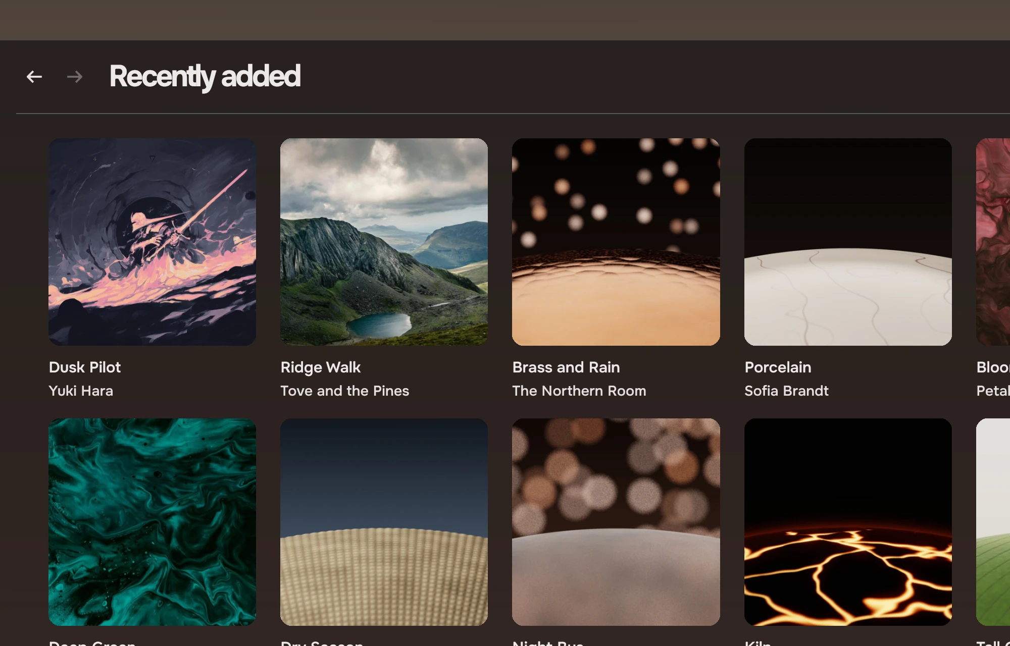 The Recently added page: the header with the title and the Search Music field at the right, and a grid of covers with the album and the artist under each.