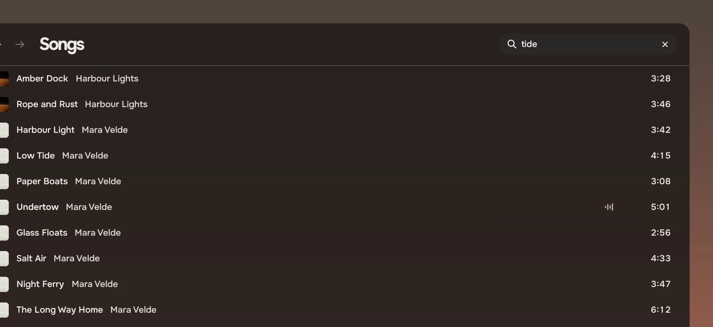 The Songs page with tide typed in the search field at the right of the header, a close button in the field, and below it the songs whose name, album or artist matches, from Amber Dock to Sea Wall.