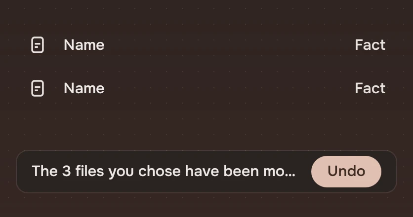 A notice with a long sentence, The 3 files you chose have been moved to the trash, cut short at the end, and an Undo button.