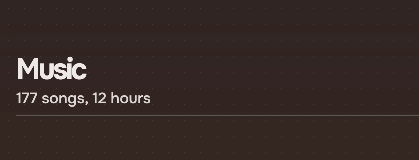A header with the title Music and a second line under it, 177 songs, 12 hours.