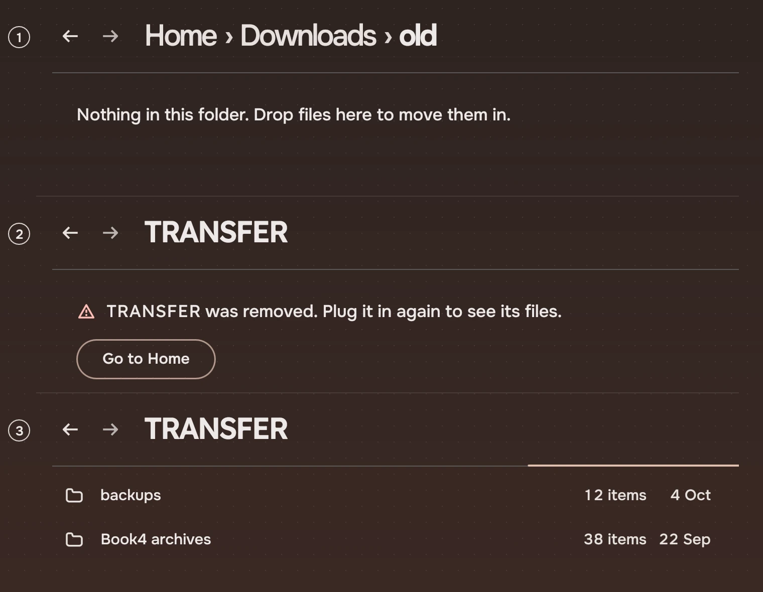 Three pages, numbered, each under its page header: an empty folder with one sentence; a removed drive with the warning symbol, a sentence and the action Go to Home; and a page still being read, with an accent stretch along the header's line and the first rows already there.