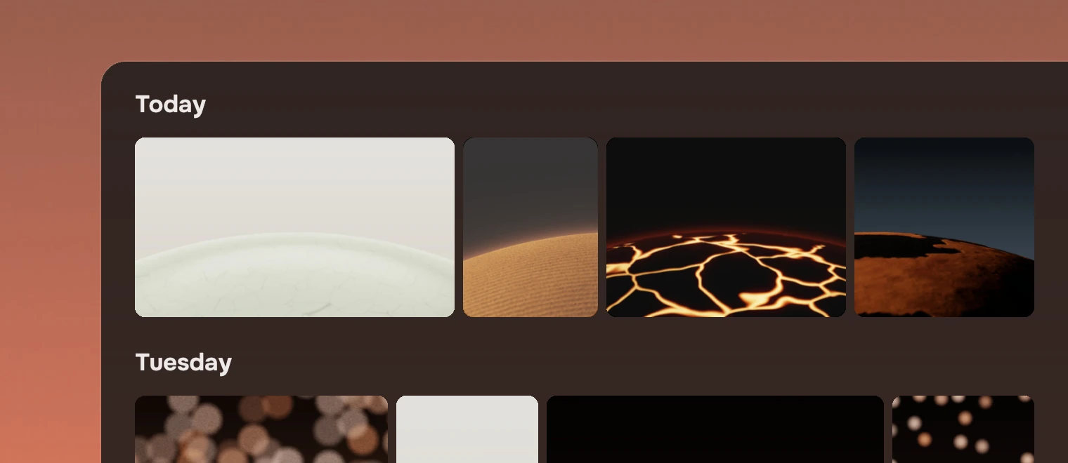Part of a window with a picture grid in two groups, Today and Tuesday, with the second picture selected.