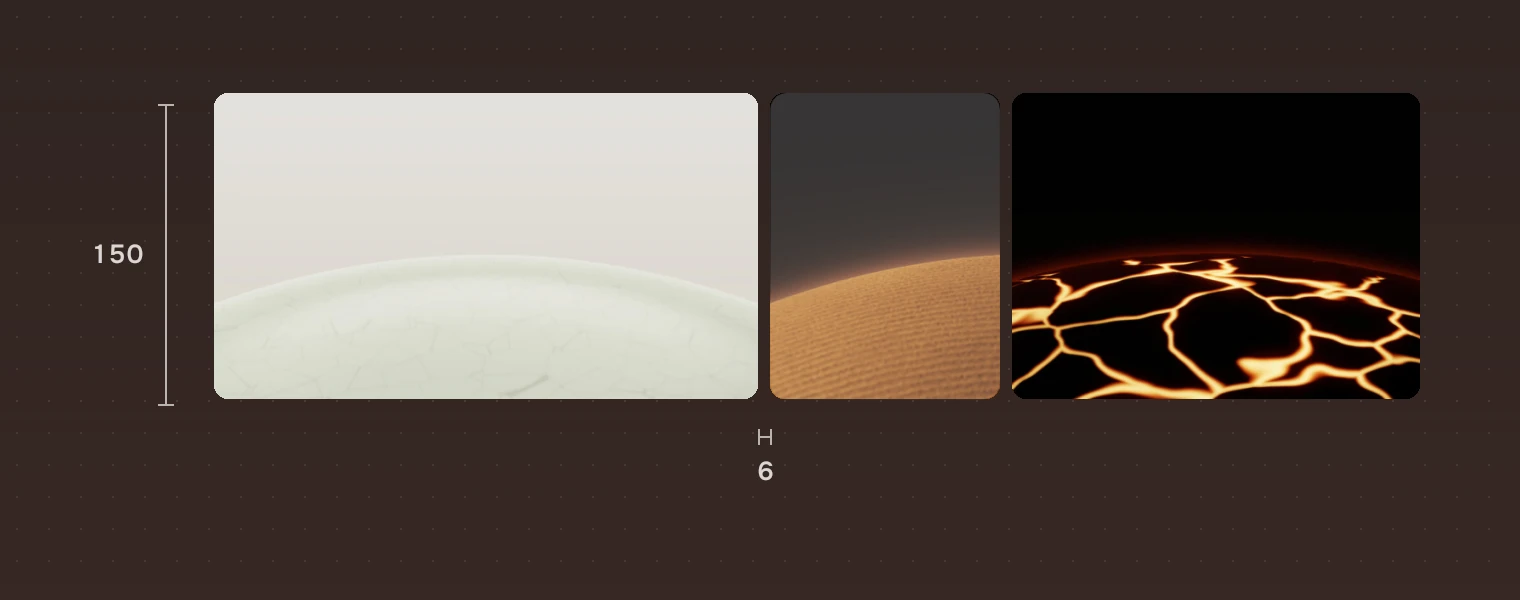 A row of three pictures 150 pixels high with a 6-pixel gap measured between two of them and the focus ring on the second.