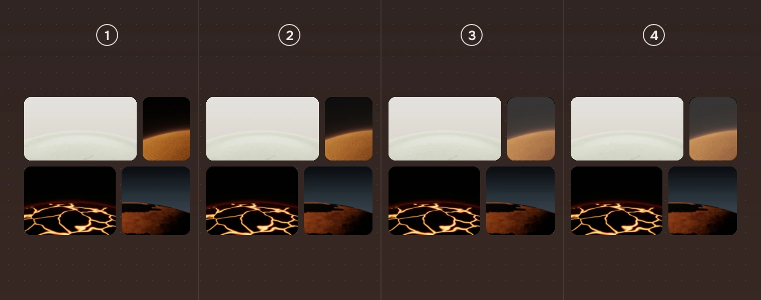 The same group four times, numbered: at rest, under the pointer, selected, and selected under the pointer.